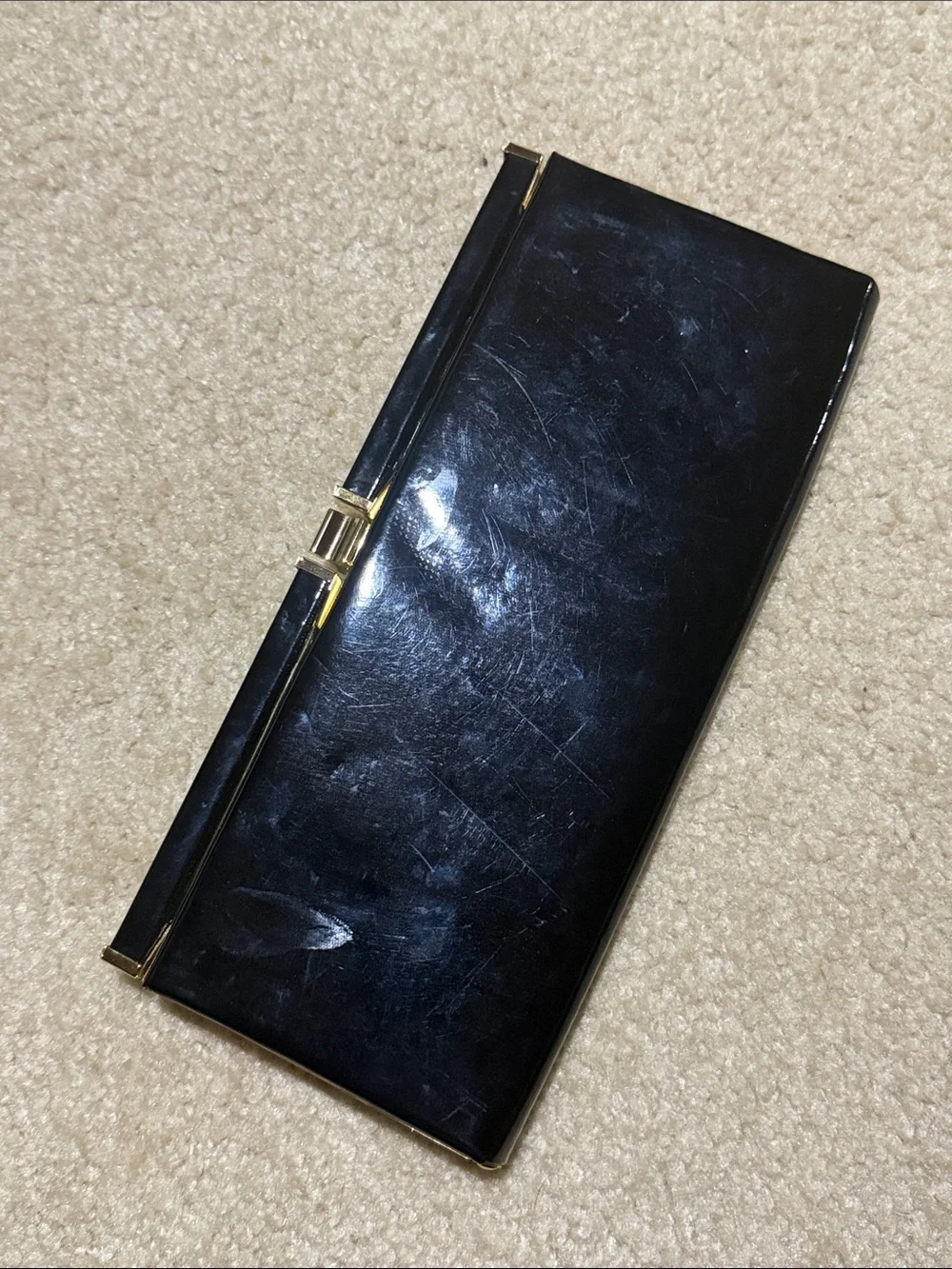 Classic Black Leather Wristlet Clutch with Gold Trim